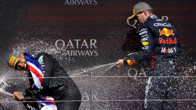 Champagne celebrations for Lewis Hamilton and Max Verstappen
