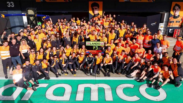 McLaren celebrate Lando Norris' third place finish at the British GP