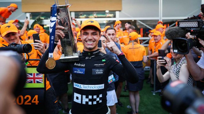 Lando Norris of McLaren celebrates after taking victory at the 2024 Miami Grand Prix