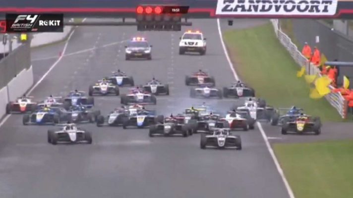 Screenshot of the start of the 2024 British F4 race 2 at Zandvoort