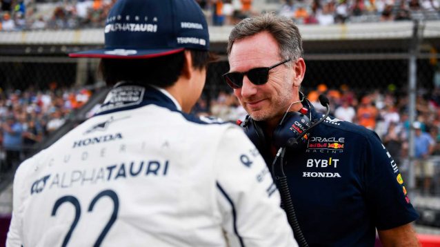 Red Bull Racing Team Principal Christian Horner talks with Yuki Tsunoda of Japan and Scuderia AlphaTauri on the grid prior to the Sprint ahead of the F1 Grand Prix of United States at Circuit of The Americas on October 21, 2023 in Austin, Texas