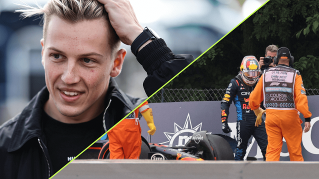 Liam Lawson and Sergio Perez with his crashed Red Bull
