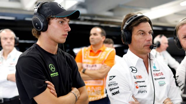 Kimi Antonelli with Mercedes team boss Toto Wolff in the garage at the 2024 Hungarian Grand Prix.