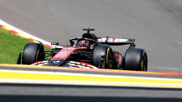 The Alpine A524, driven by Esteban Ocon, in its special Deadpool & Wolverine livery at the 2024 Belgian Grand Prix.