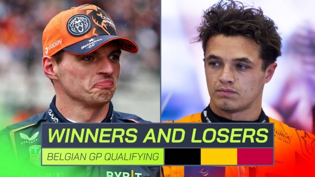 A two-way split image of Max Verstappen and Lando Norris with a PlanetF1.com 'qualifying winners and losers' banner positioned centre-bottom