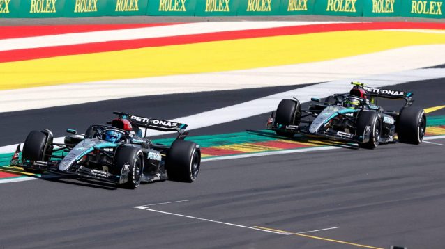Mercedes' George Russell and Lewis Hamilton cross the line at the 2024 Belgian Grand Prix.