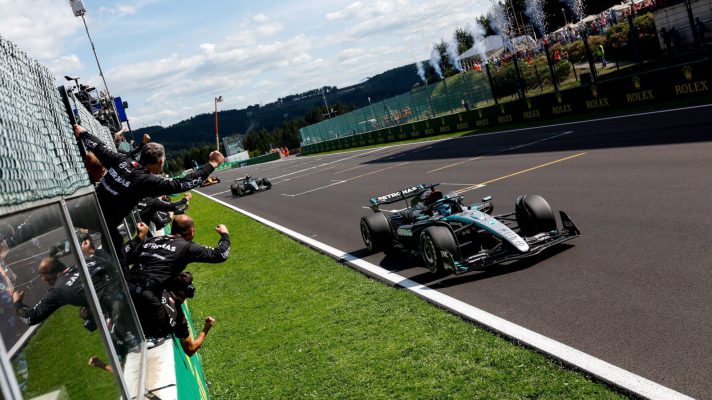 Mercedes celebrate as George Russell 'wins' the Belgian GP ahead of Lewis Hamilton