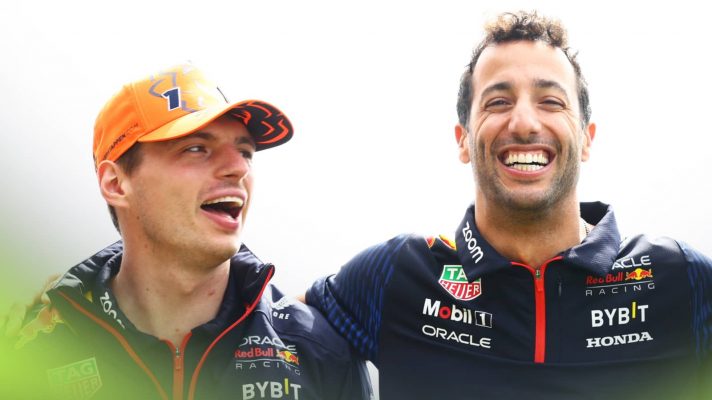 Max Verstappen glances at a laughing Daniel Ricciardo in a fun moment for the cameras