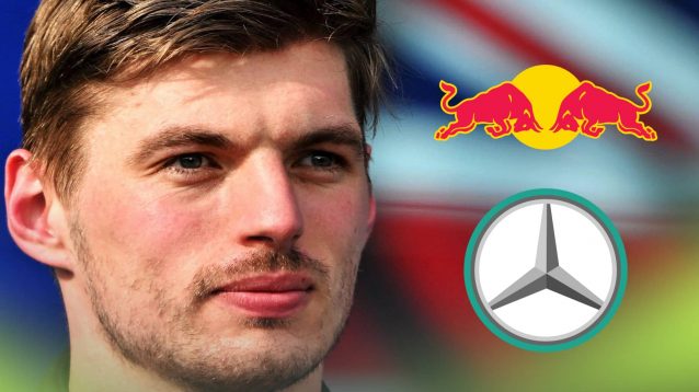 A close-up shot of Max Verstappen with prominent Red Bull and Mercedes logos alongside him