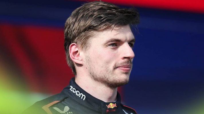Max Verstappen looks on from the podium in Miami