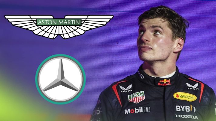Max Verstappen glances upwards during the podium ceremony with prominent Aston Martin and Mercedes logos alongside him