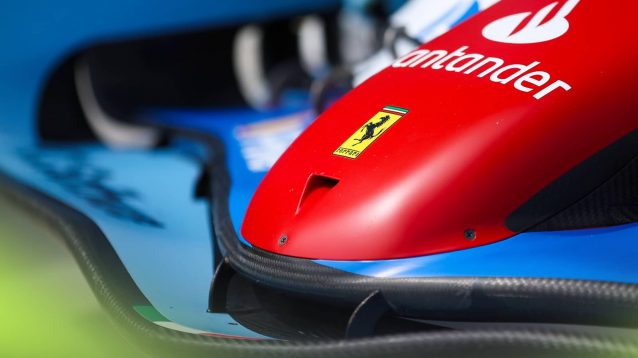 A detail shot of Ferrari's front wing and nose cone at the 2024 Miami Grand Prix