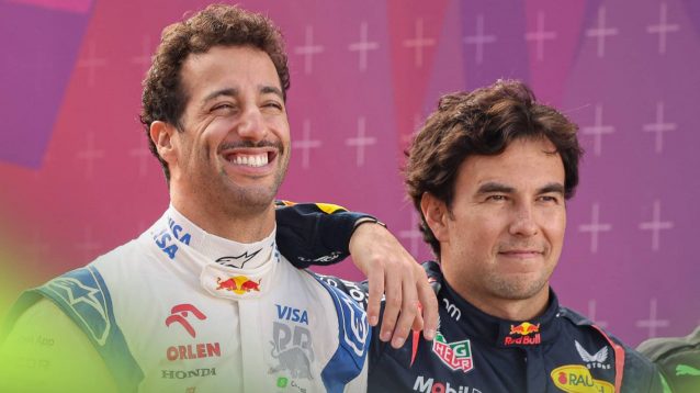 Sergio Perez and a smiling Daniel Ricciardo pose at the official F1 2024 photoshoot in Bahrain, with Perez's arm resting on Ricciardo's shoulder