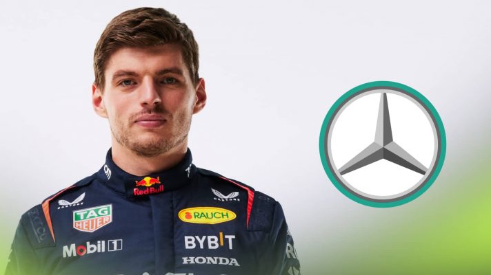Max Verstappen stares at the camera in Red Bull uniform with a Mercedes logo alongside him against a white background