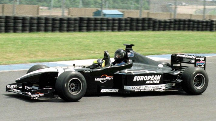 Minardi's Tarso Marques driving the two-seater at Donington Park in 2001.