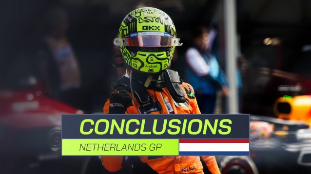 Lando Norris punches the air as Max Verstappen sits in his Red Bull with a PlanetF1.com conclusions banner positioned centre-bottom