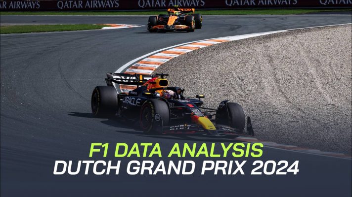 Max Verstappen leads Lando Norris through the chicane at Zandvoort with the gravel trap lurking on the edge of the track and a PlanetF1.com data analysis banner positioned centre-bottom