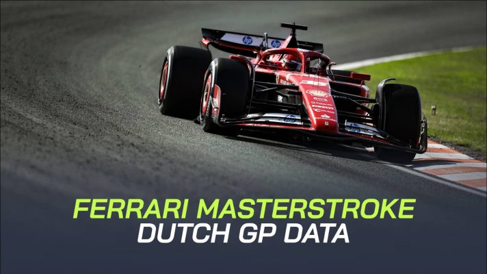 Charles Leclerc avoids the marbles by holding the racing line at Zandvoort, with a PlanetF1.com data analysis banner positioned centre-bottom