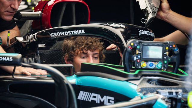 Kimi Antonelli sitting in the Mercedes W15