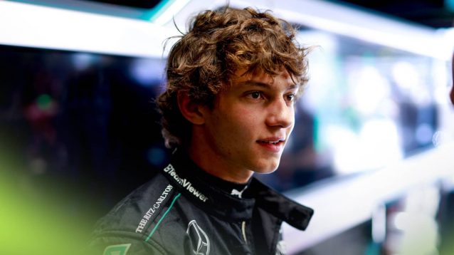 Andrea Kimi Antonelli looks on in the Mercedes garage ahead of his FP1 outing at Monza