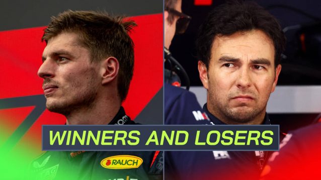 A two-way split image of Max Verstappen on the podium and Sergio Perez looking miffed