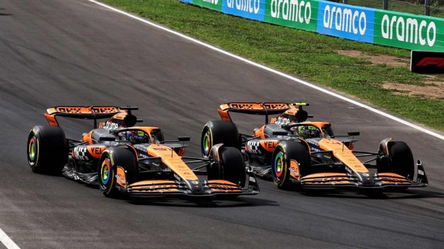 Oscar Piastri overtakes McLaren team-mate Lando Norris at Monza.