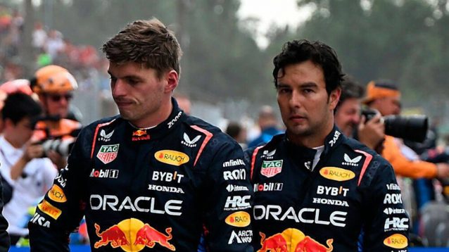 Red Bull duo Max Verstappen and Sergio Perez waiting to be weighed after the race