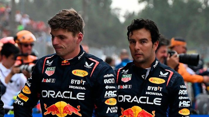 Red Bull duo Max Verstappen and Sergio Perez waiting to be weighed after the race