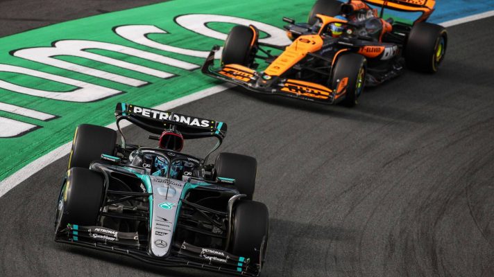 George Russell, Mercedes, ahead of Oscar Piastri, McLaren at the 2024 Dutch Grand Prix.