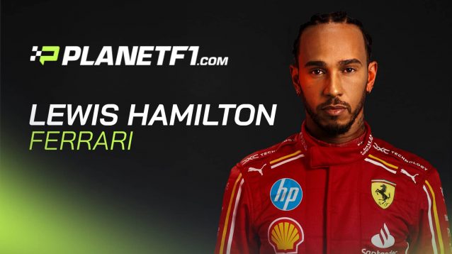 A mock-up image of Lewis Hamilton in an F1 2024 Ferrari race suit against a black background with a large PlanetF1.com logo