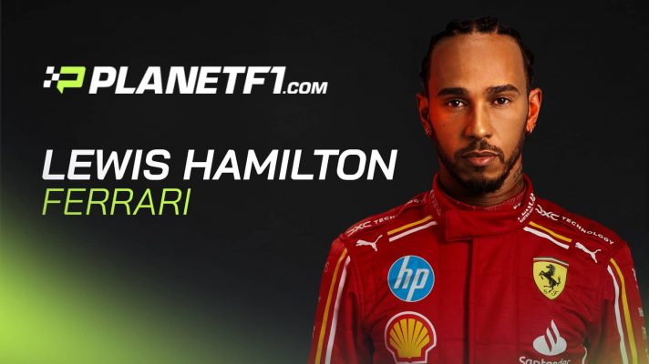 A mock-up image of Lewis Hamilton in an F1 2024 Ferrari race suit against a black background with a large PlanetF1.com logo