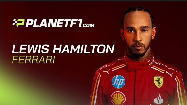 A mock-up image of Lewis Hamilton in an F1 2024 Ferrari race suit against a red background with a large PlanetF1.com logo