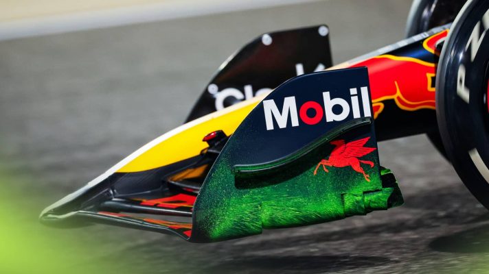 A detail shot of the front wing of the Red Bull RB20 covered in flow-vis paint