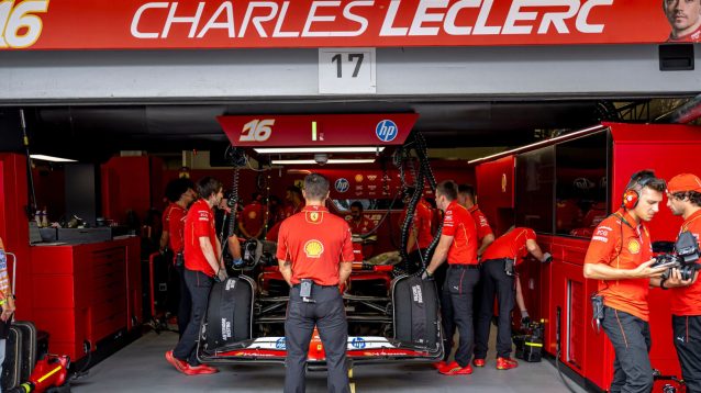 Charles Leclerc's Ferrari garage in the F1 pit lane