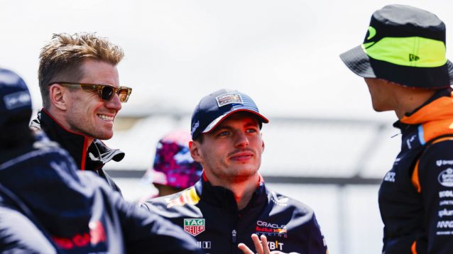 Nico Hulkenberg, Max Verstappen and Lando Norris speaking during the driver parade