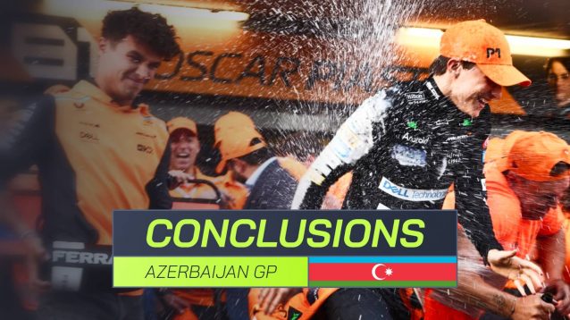 Lando Norris sprays champagne on a smiling Oscar Piastri during McLaren's post-race celebrations in Baku with a PlanetF1.com conclusions banner positioned centre-bottom