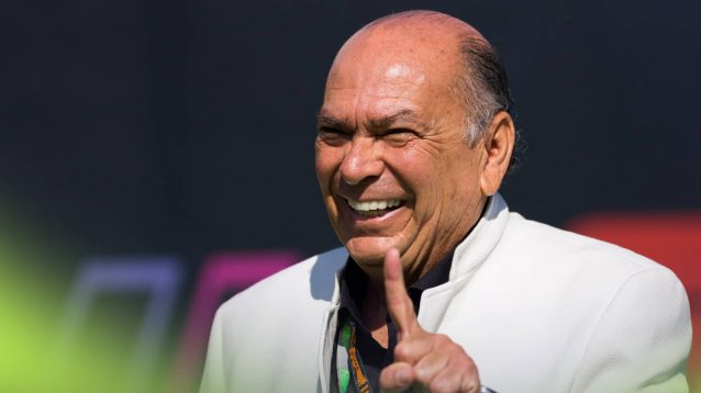 Antonio Perez Garibay smiles as he waves he finger at the 2023 Spanish Grand Prix