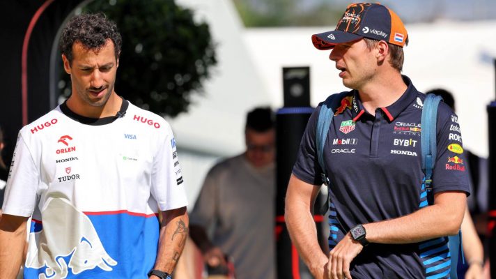 Daniel Ricciardo, VCARB, and Max Verstappen, Red Bull, 2024 Spanish Grand Prix.
