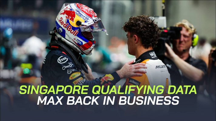 Max Verstappen places his hand on Lando Norris' shoulder in parc ferme after qualifying in Singapore with a PlanetF1.com data banner positioned centre-bottom