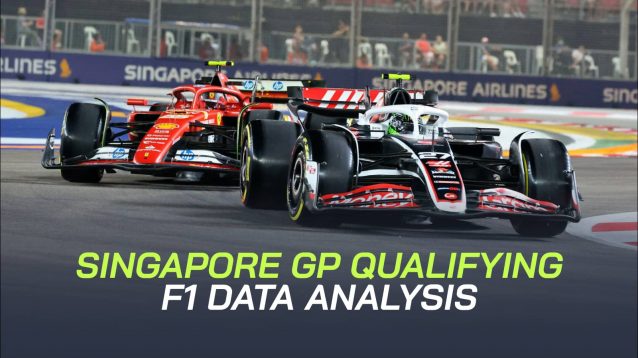 Nico Hulkenberg in front of Carlos Sainz in Singapore with a PlanetF1.com data banner positioned centre-bottom