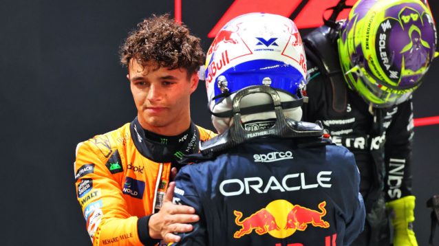 Lando Norris and Max Verstappen after qualifying, Lewis Hamilton in the background