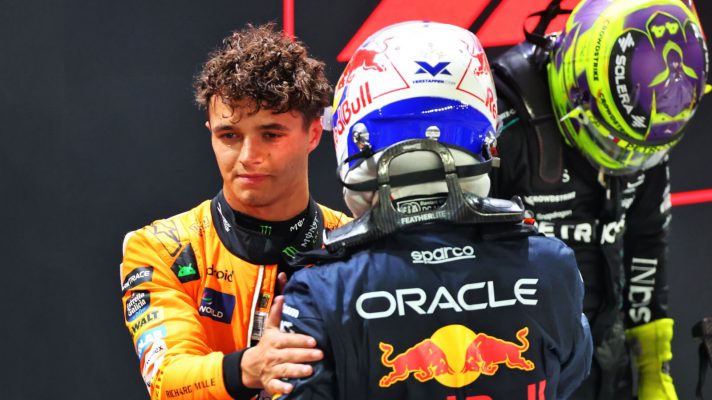 Lando Norris and Max Verstappen after qualifying, Lewis Hamilton in the background