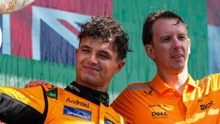 Lando Norris and race engineer Will Joseph celebrating