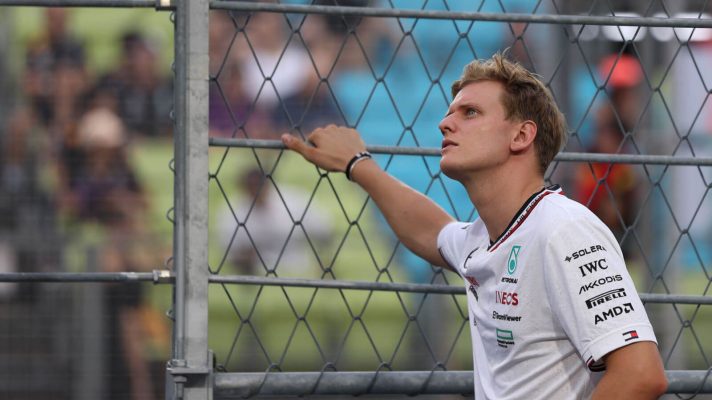 Mick Schumacher looks up while holding onto a fence