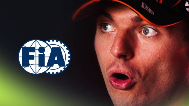A close-up shot of Max Verstappen mid-speech with the FIA logo alongside him