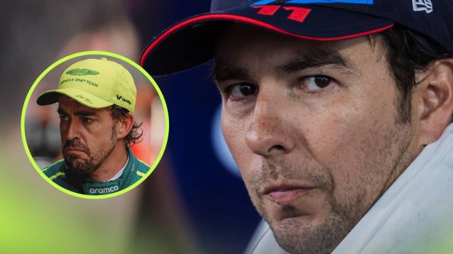 Sergio Perez looks nervously at the camera with an inset of Fernando Alonso alongside him