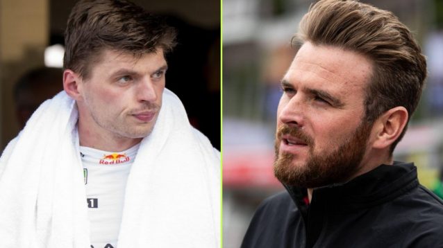 Three-time F1 World Champion Max Verstappen on the left, and Formula E star Oliver Rowland on the right.