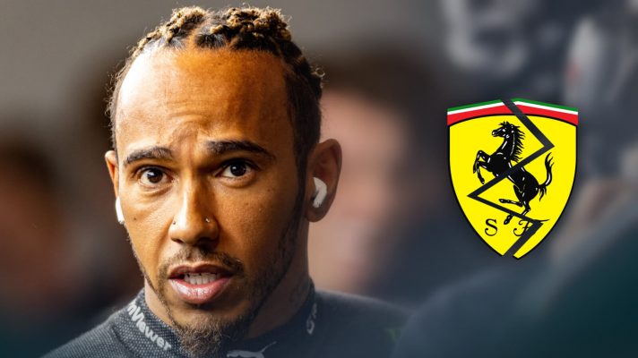 Lewis Hamilton next to a broken Ferrari badge