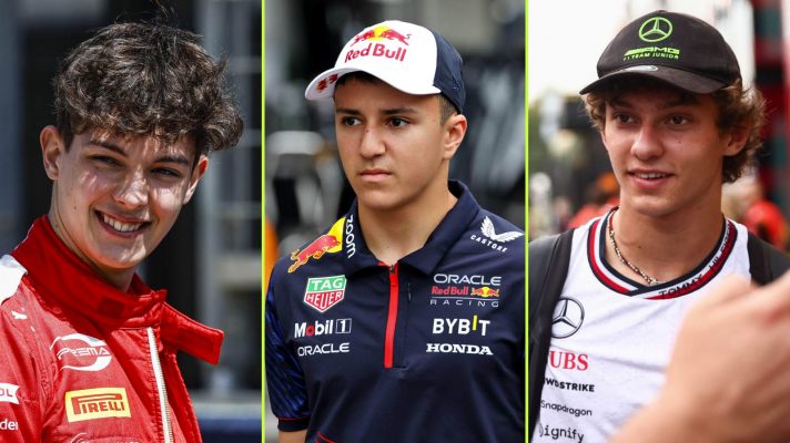 Junior and reserve F1 drivers Oliver Bearman, Isack Hadjar, and Kimi Antonelli, pictured in 2024.