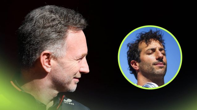 A side-profile shot of Christian Horner smiling with an inset of Daniel Ricciardo alongside him